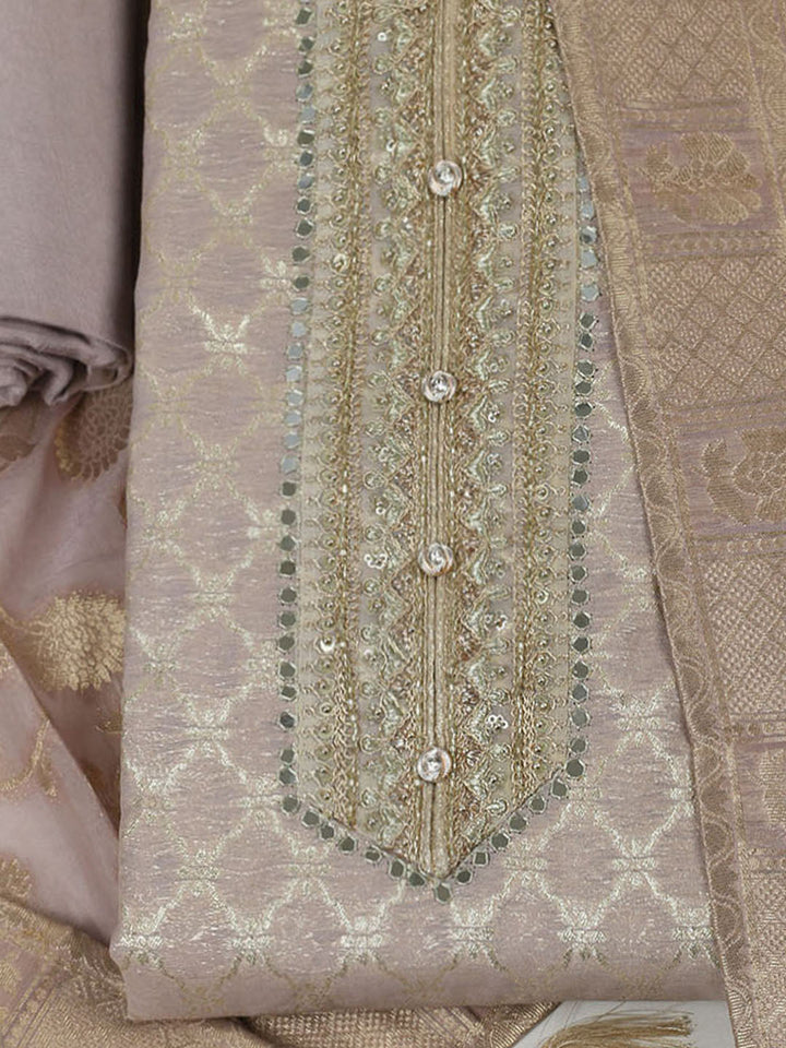 Neck Patti Printed Chanderi Unstitched Suit With Dupatta