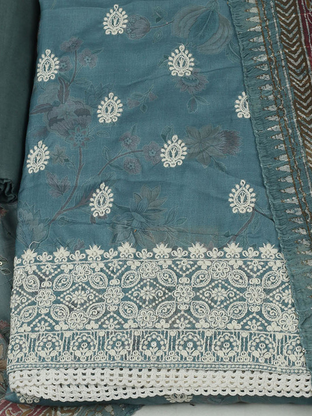 Embroidered Cotton Unstitched Suit With Pant &amp; Dupatta