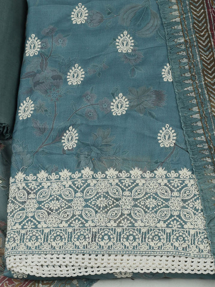 Embroidered Cotton Unstitched Suit With Pant &amp; Dupatta