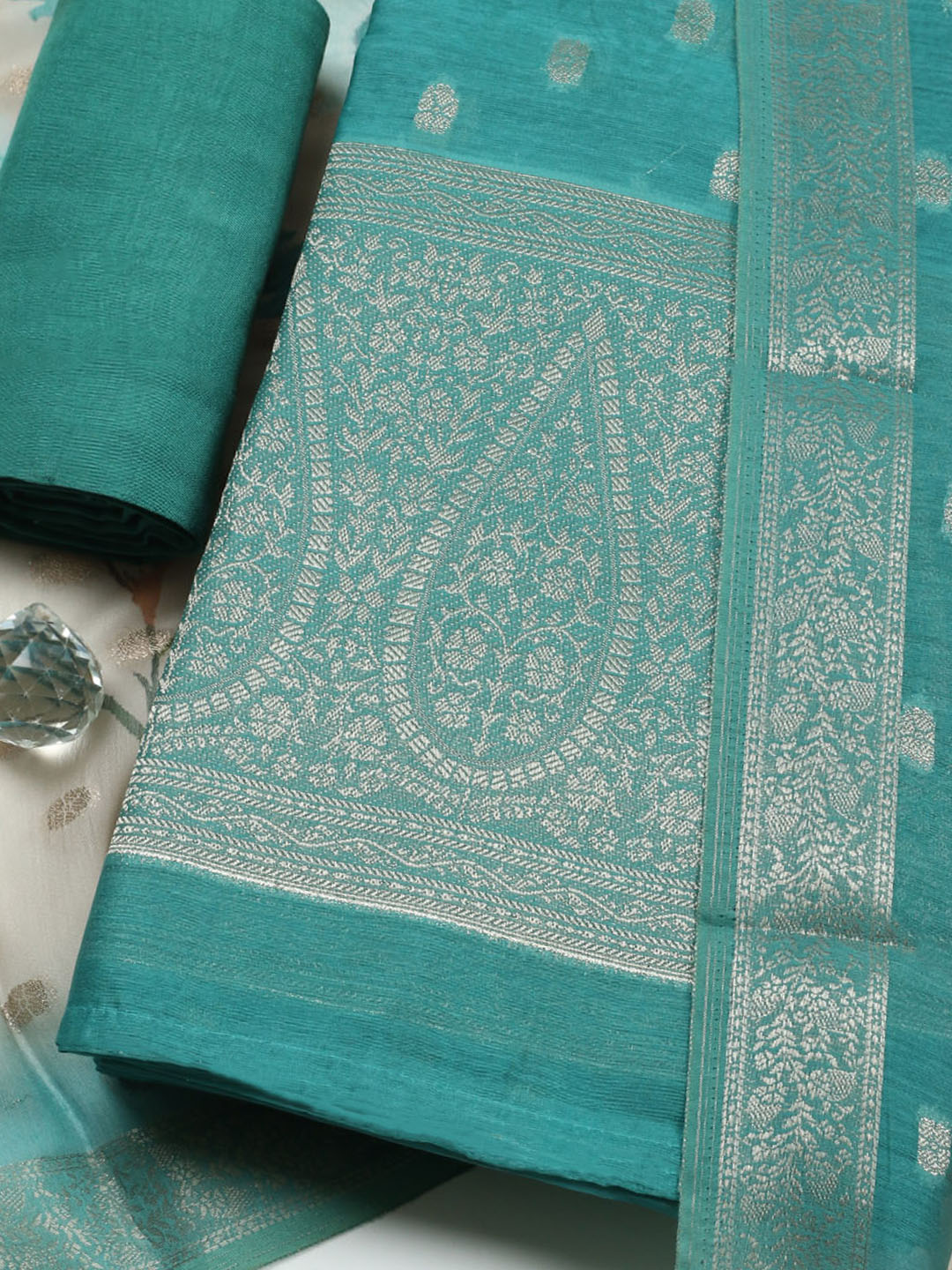 Embroidered Chanderi Unstitched Suit With Pant &amp; Dupatta