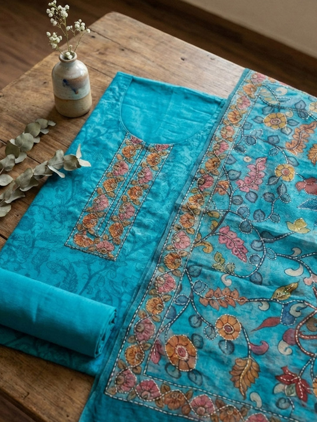 Printed Chanderi Unstitched Suit With Pant &amp; Dupatta