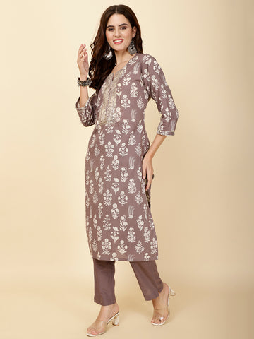 Neck Embroidery & Printed Cotton Kurta Set