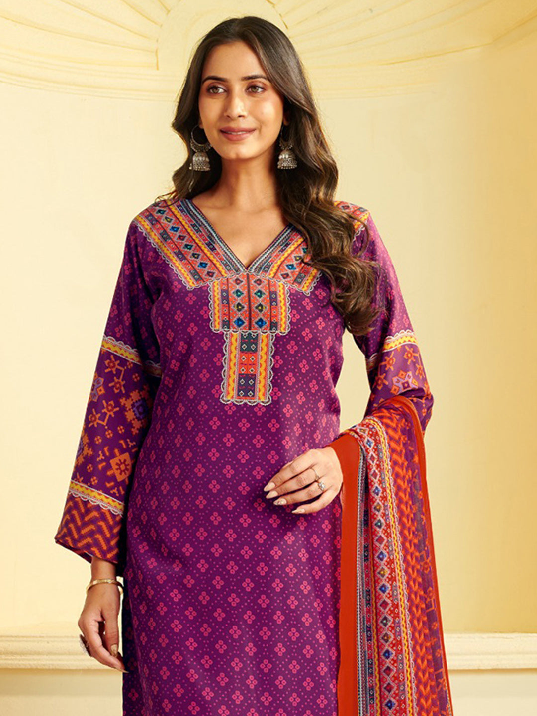 Printed Crepe Unstitched Suit With Pant &amp; Dupatta