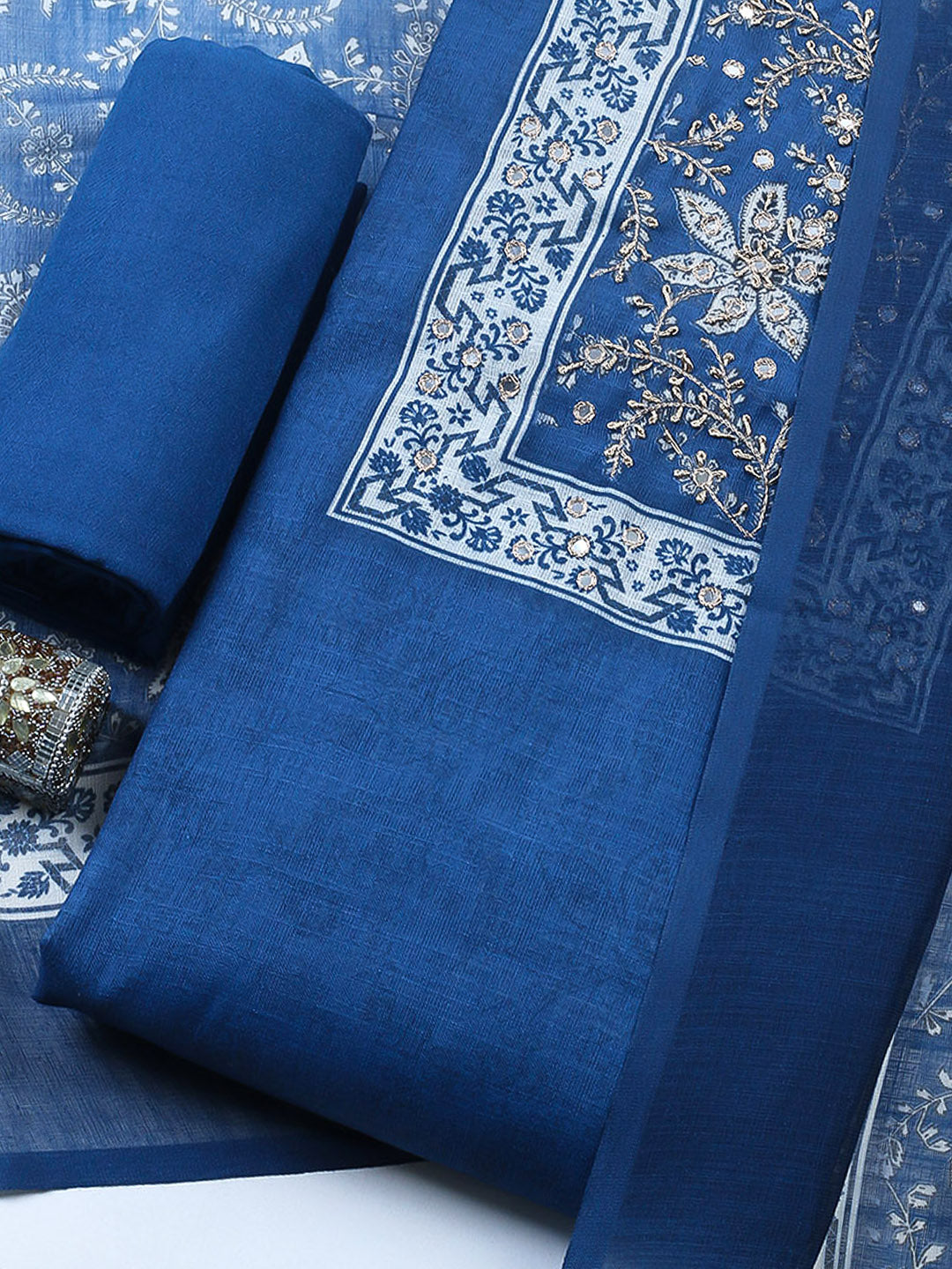 Embroidered Cotton Blend Unstitched Suit With Pant &amp; Dupatta