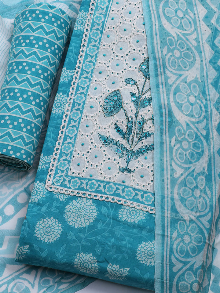 Printed Cotton Blend Unstitched Kurta With Pant &amp; Dupatta