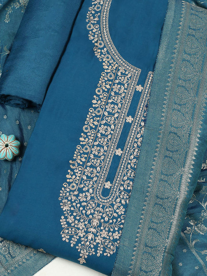 Embroidered Chanderi Unstitched Suit With Pant &amp; Dupatta