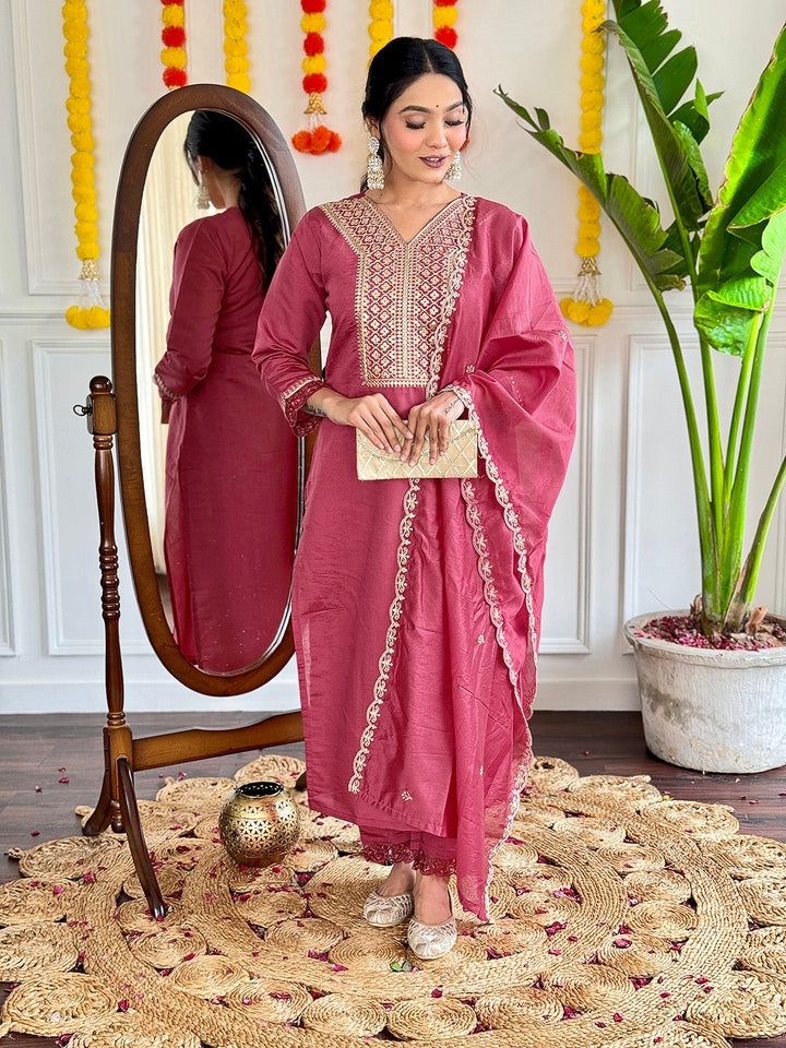 Neck Embroidery Cotton Blend Kurta With Pants &amp; Dupatta