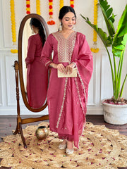 Neck Embroidery Cotton Blend Kurta With Pants & Dupatta