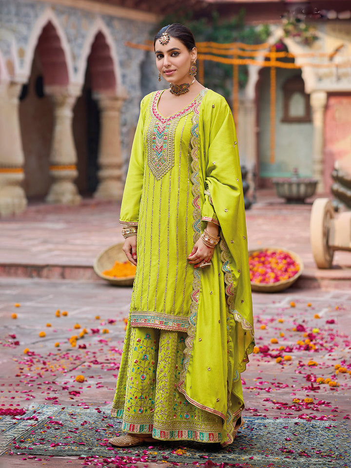 Embroidered Chinon Kurta With Plazzo &amp; Dupatta