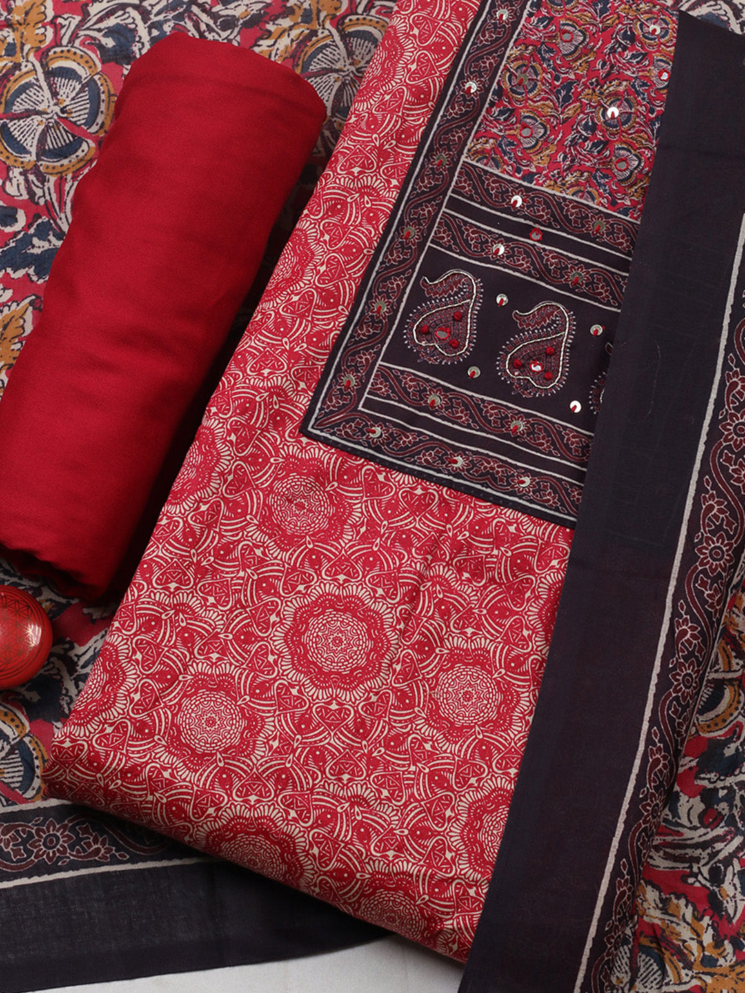 Printed Cotton Blend Unstitched Suit With Pant &amp; Dupatta