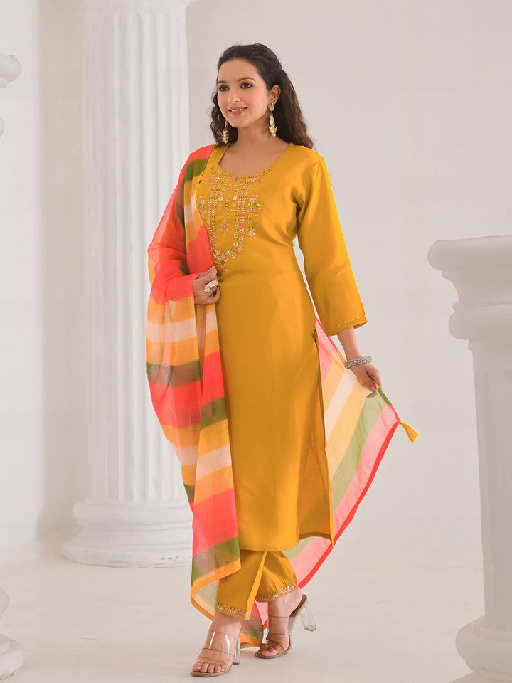 Neck Embroidery Cotton Blend Kurta With Pants &amp; Dupatta