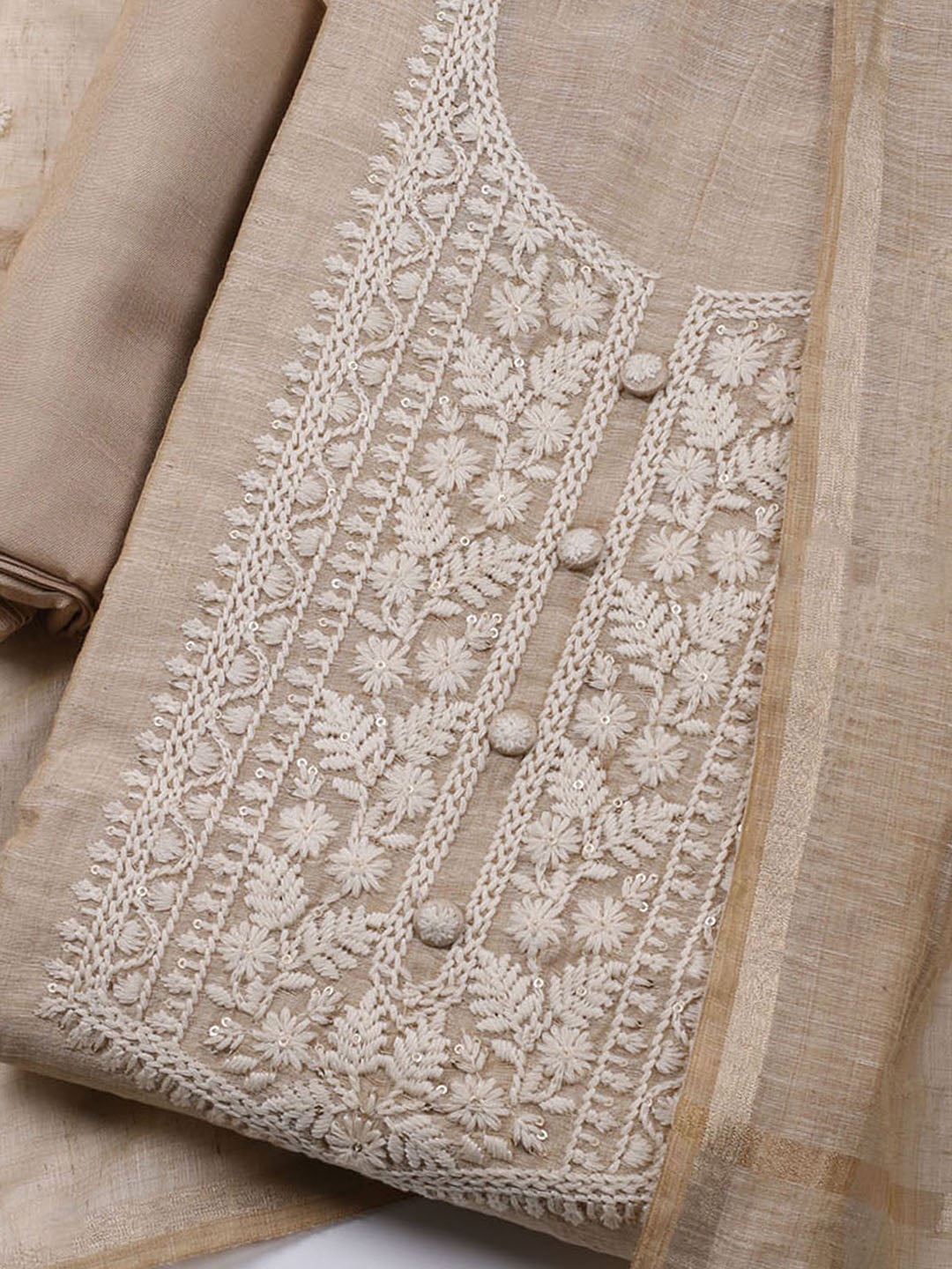 Neck Embroidered Linen Unstitched Suit With Dupatta