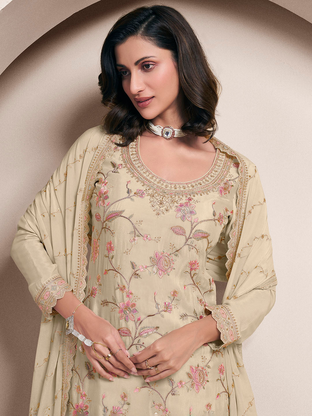 Embroidered Chinon Unstitched Suit With Pant &amp; Dupatta