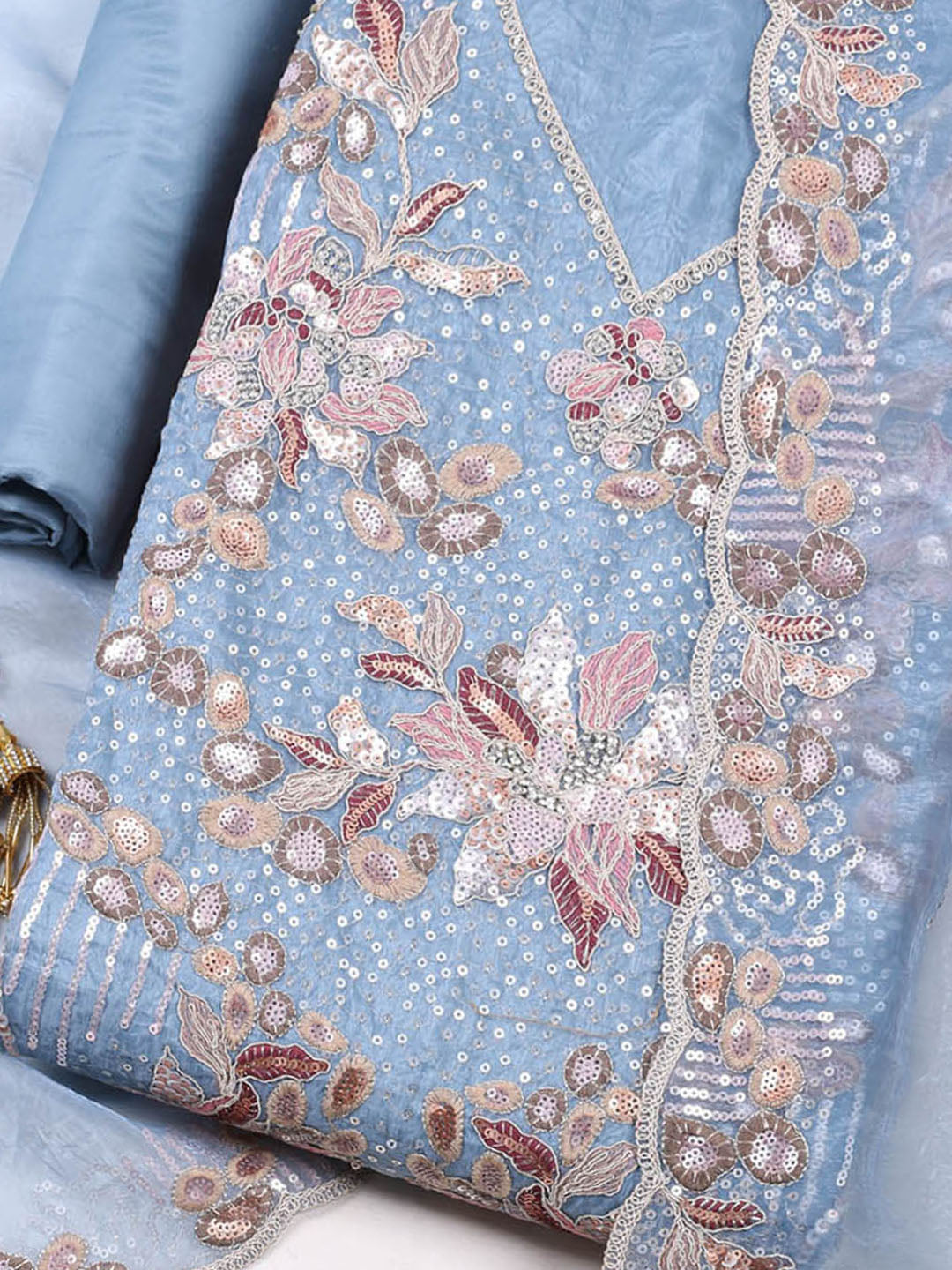 Embroidered Organza Unstitched Suit With Pant &amp; Dupatta