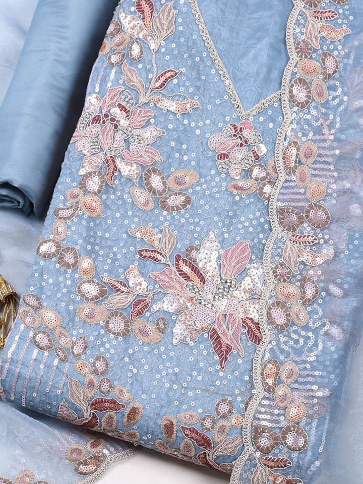 Embroidered Organza Unstitched Suit With Pant &amp; Dupatta