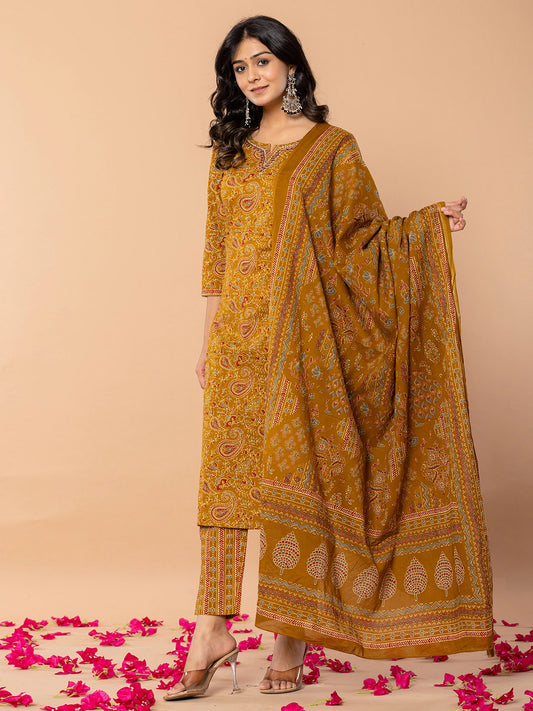 Paisley Printed Cotton Blend Kurta With Pants & Dupatta