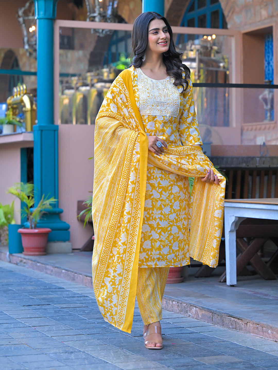 Floral Printed Cotton Kurta With Pants &amp; Dupatta