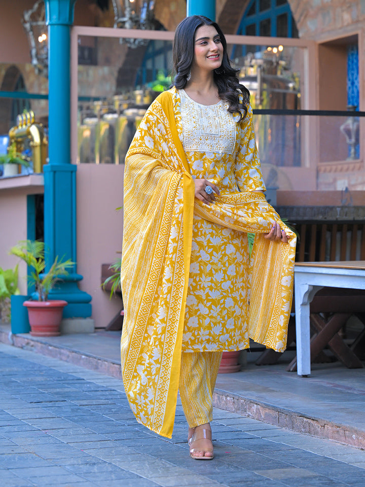 Floral Printed Cotton Kurta With Pants &amp; Dupatta