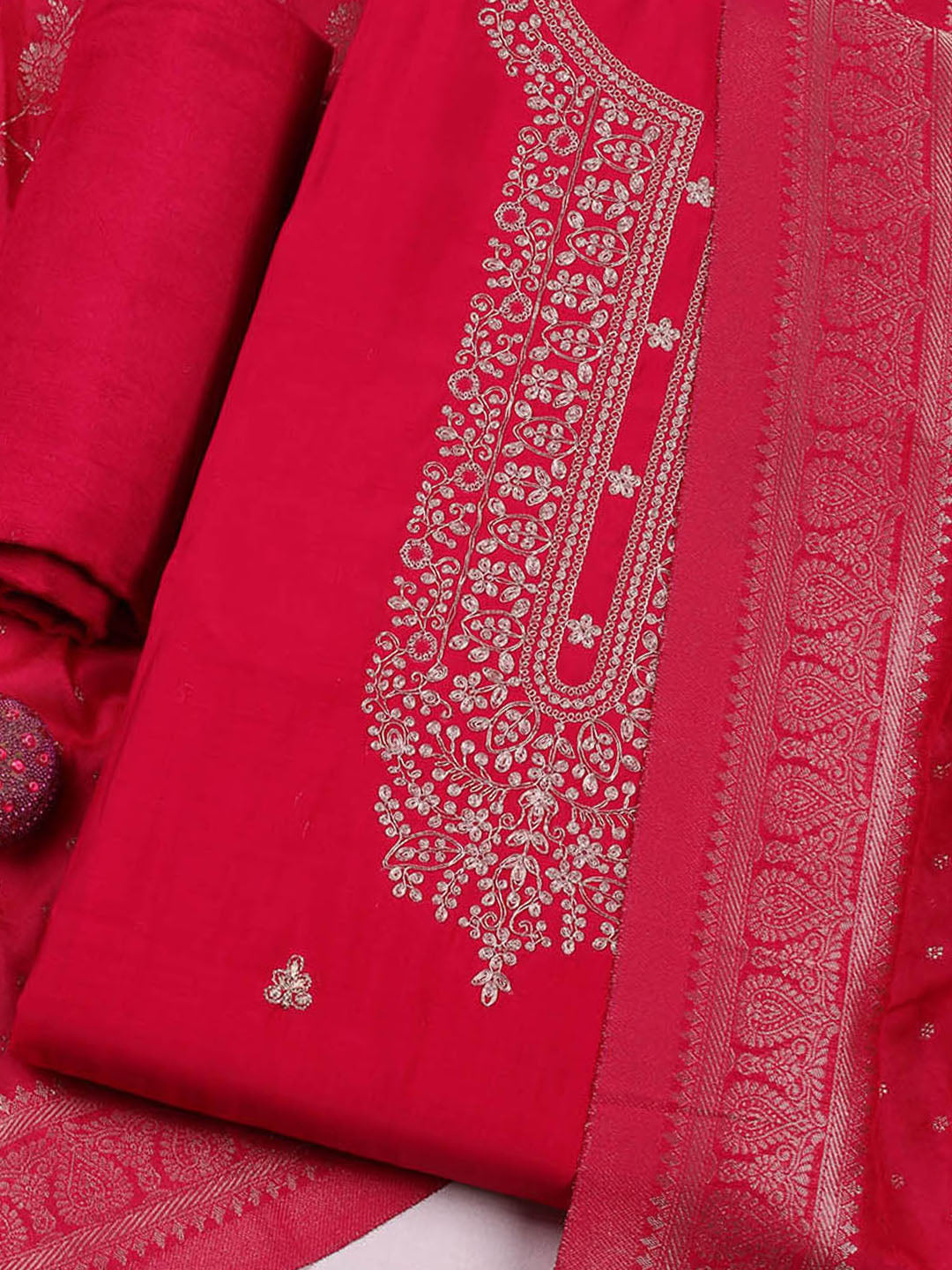 Embroidered Chanderi Unstitched Suit With Pant &amp; Dupatta