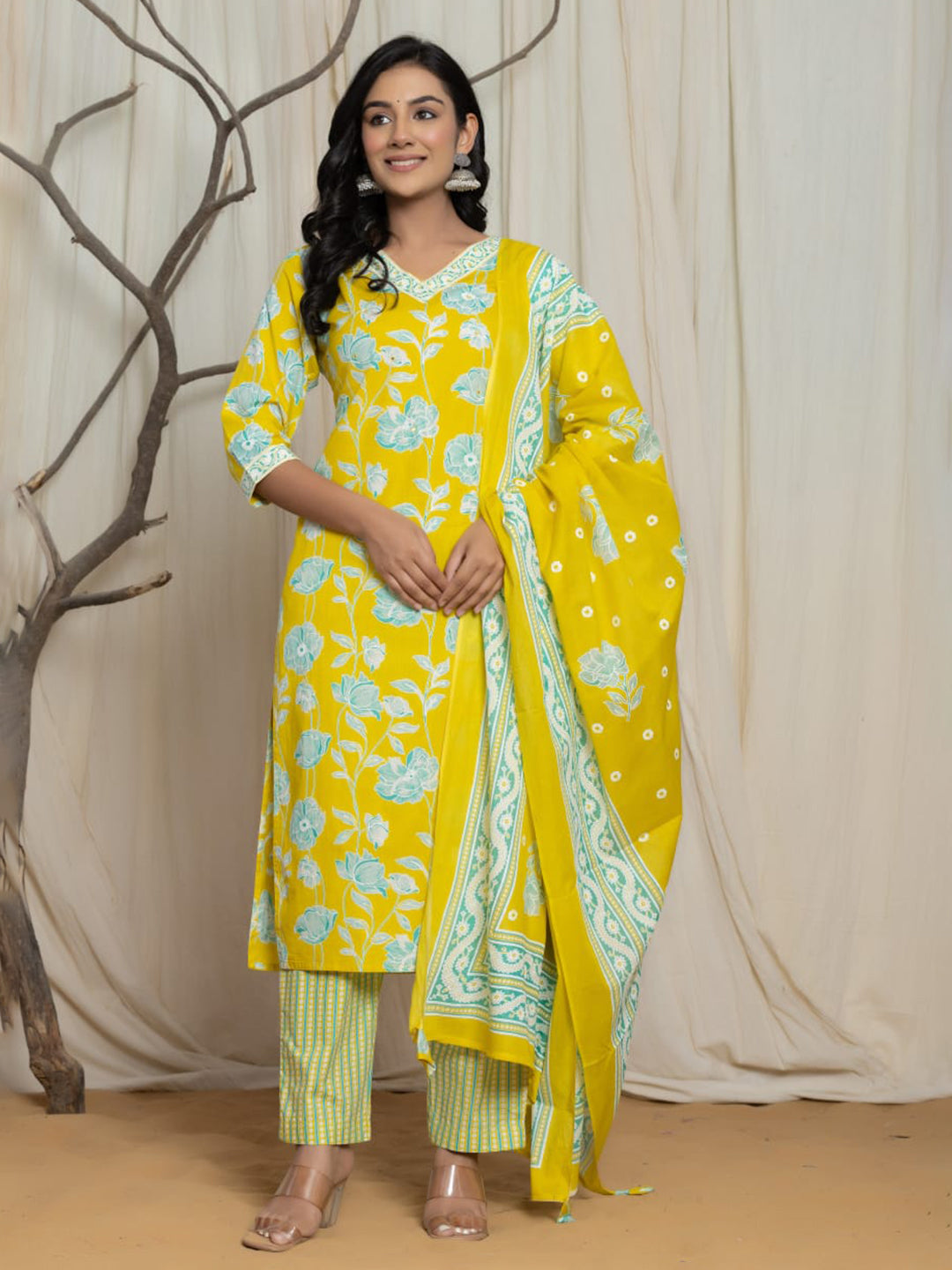 Printed Cotton Blend Kurta With Pants &amp; Dupatta