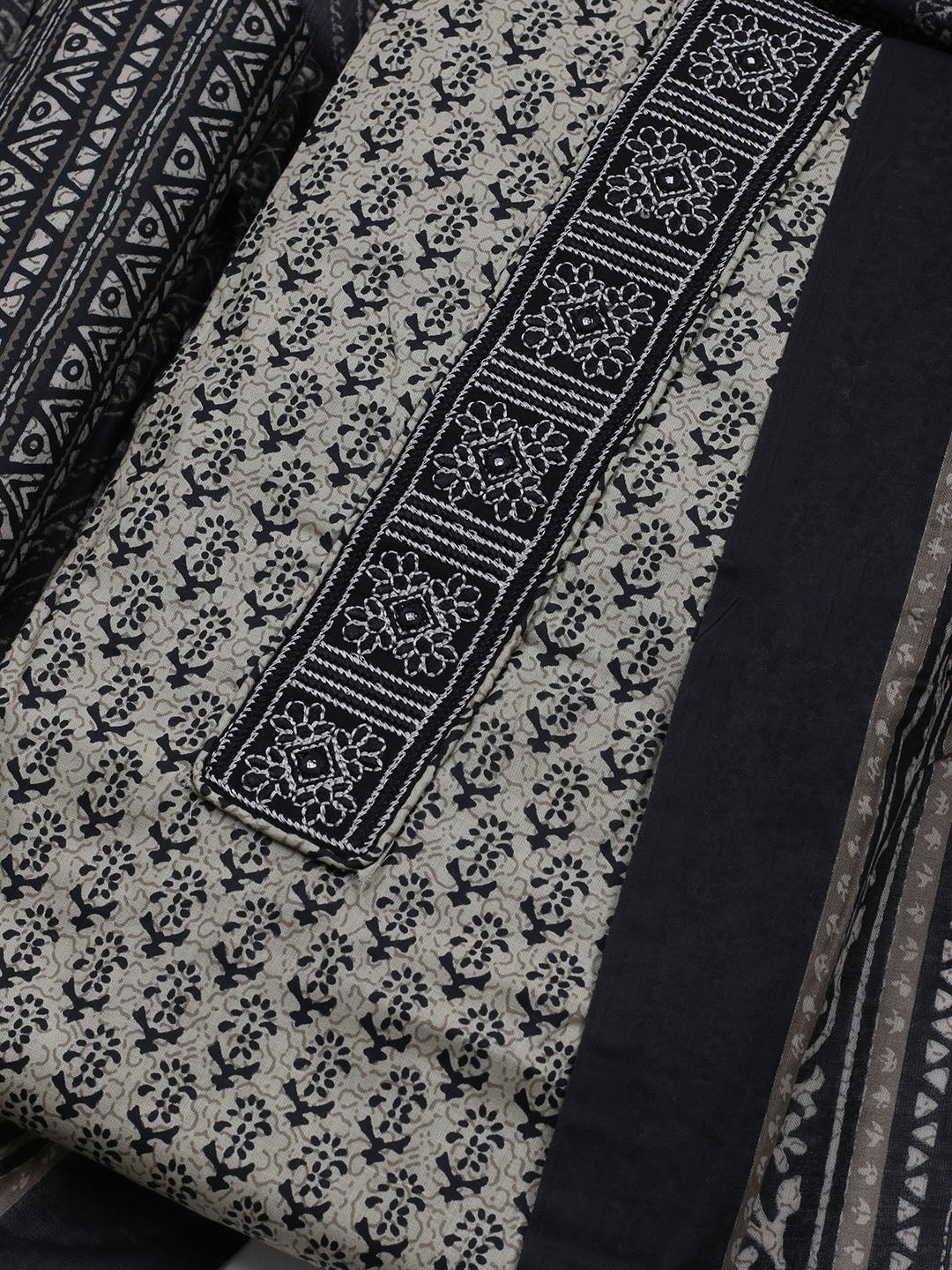 Patch Neck Cotton Blend Unstitched Suit With Dupatta