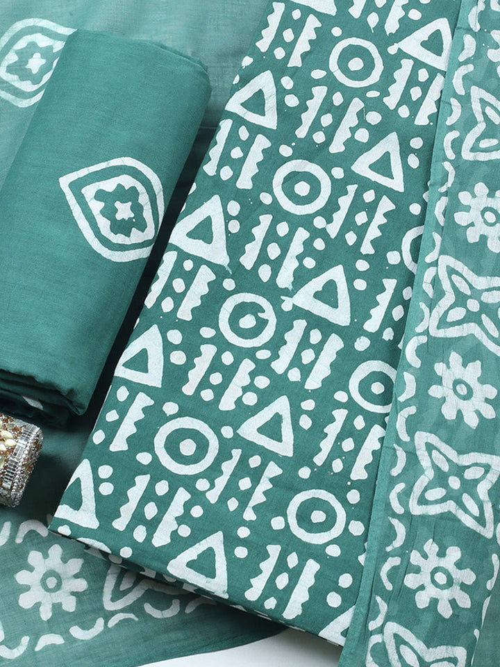 Printed Cotton Blend Unstitched Suit With Pant &amp; Dupatta