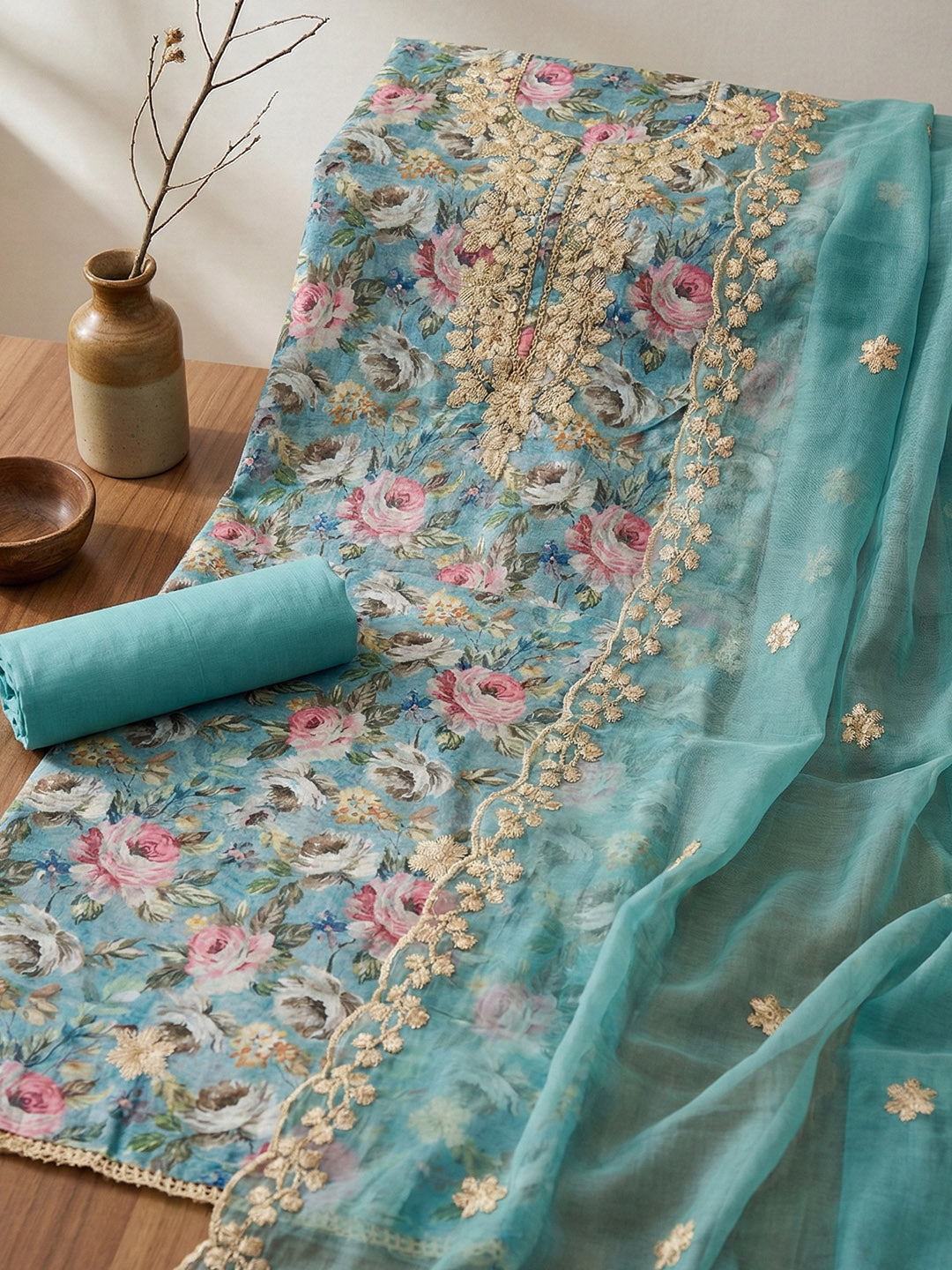 Printed Chanderi Unstitched Suit With Pant &amp; Dupatta