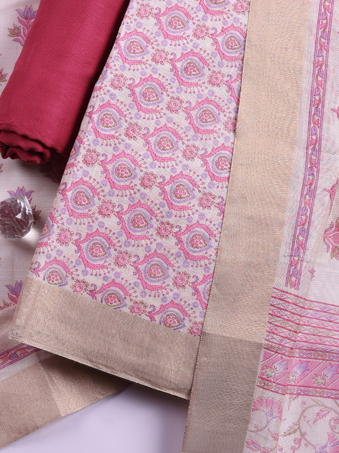 Printed, Chanderi Unstitched Suit With Pant &amp; Dupatta