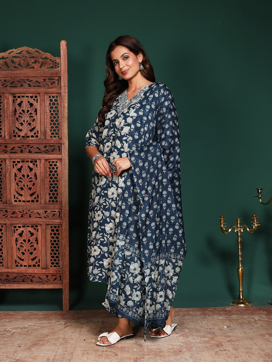 Printed Cotton Blend Kurta With Pant &amp; Dupatta