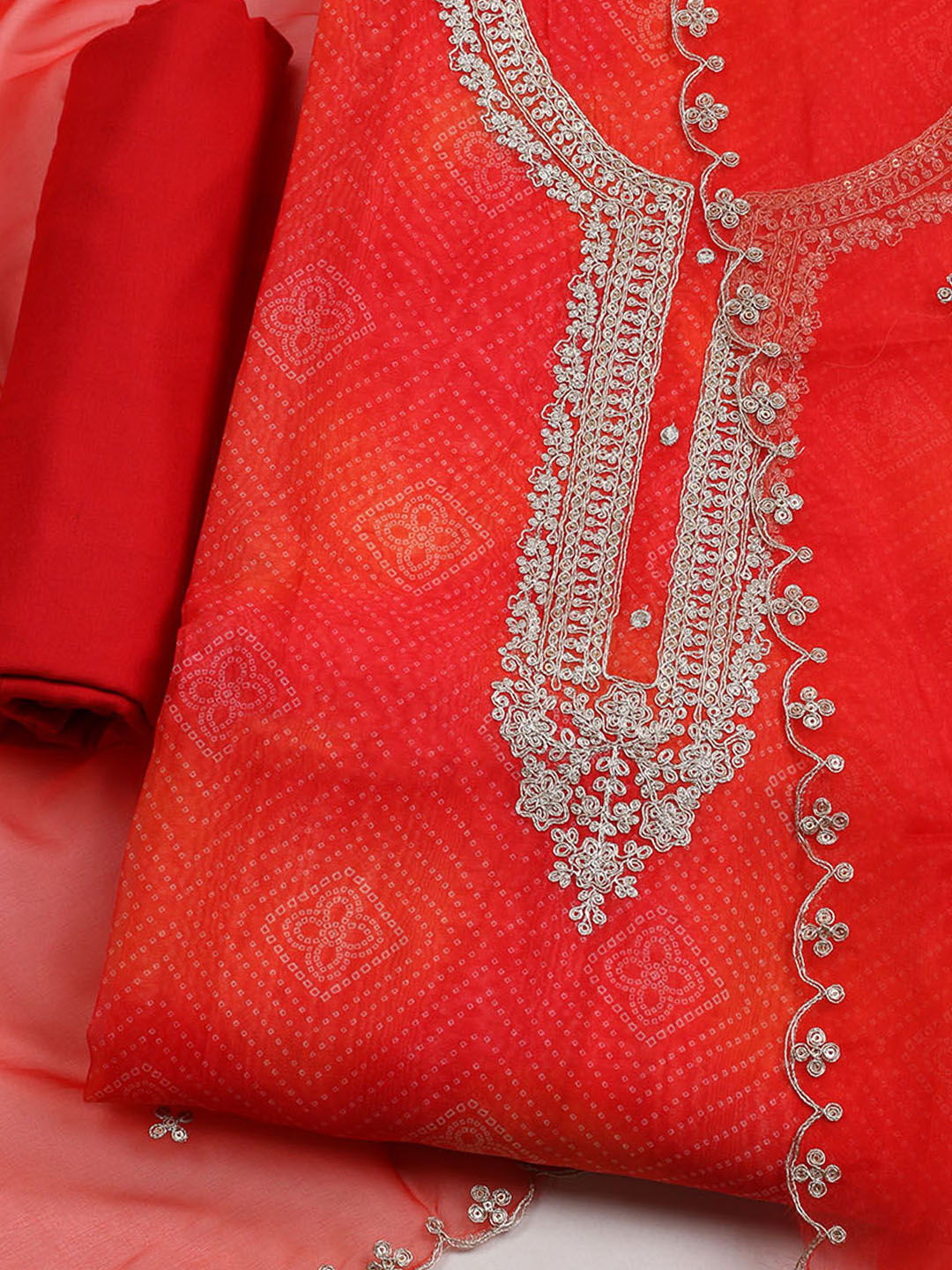 Neck Embroidered &amp; Printed Organza Unstitched Suit With Dupatta