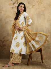 Neck Embroidery Cotton Blend Kurta With Pants & Dupatta