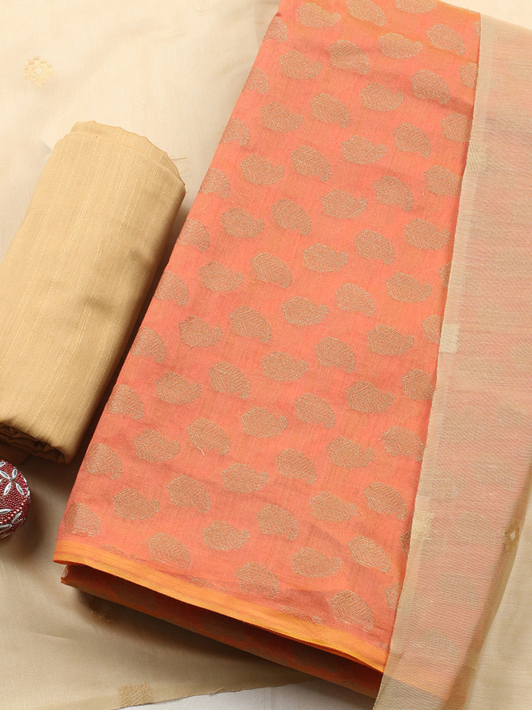 Printed Chanderi Unstitched Suit With Pant &amp; Dupatta