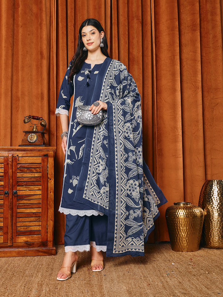 Printed Cotton Blend Kurta With Pants &amp; Dupatta