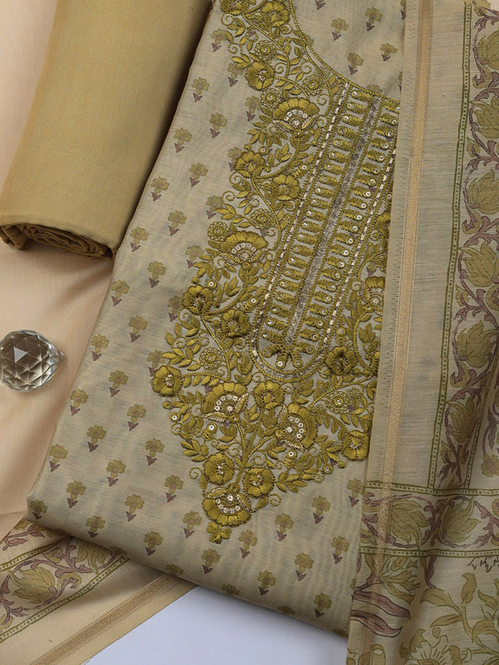 Embroidered Cotton Blend Unstitched Suit With Pant &amp; Dupatta