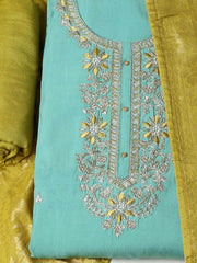 Embroidered Chanderi Sea Green Unstitched Suit With Pant & Dupatta