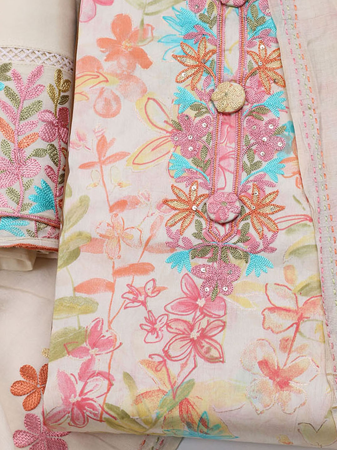 Neck Embroidered Cotton Blend Unstitched Suit With Dupatta