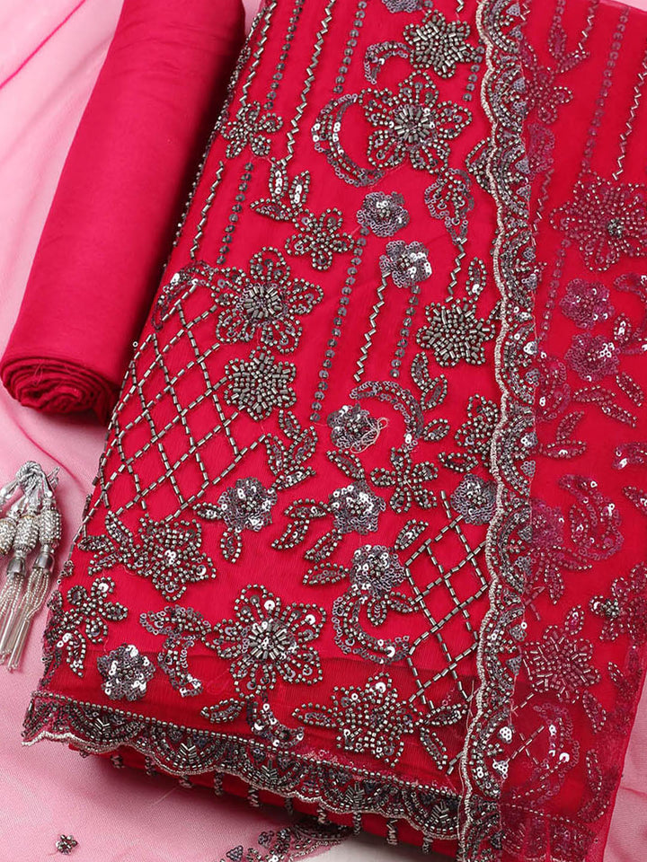 Embroidered Net Unstitched Suit With Pant &amp; Dupatta