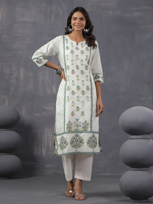 Digital Floral Printed Cotton Blend Kurta With Pants & Dupatta