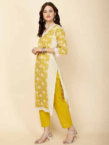 Floral Printed Cotton Straight Kurta With Pants