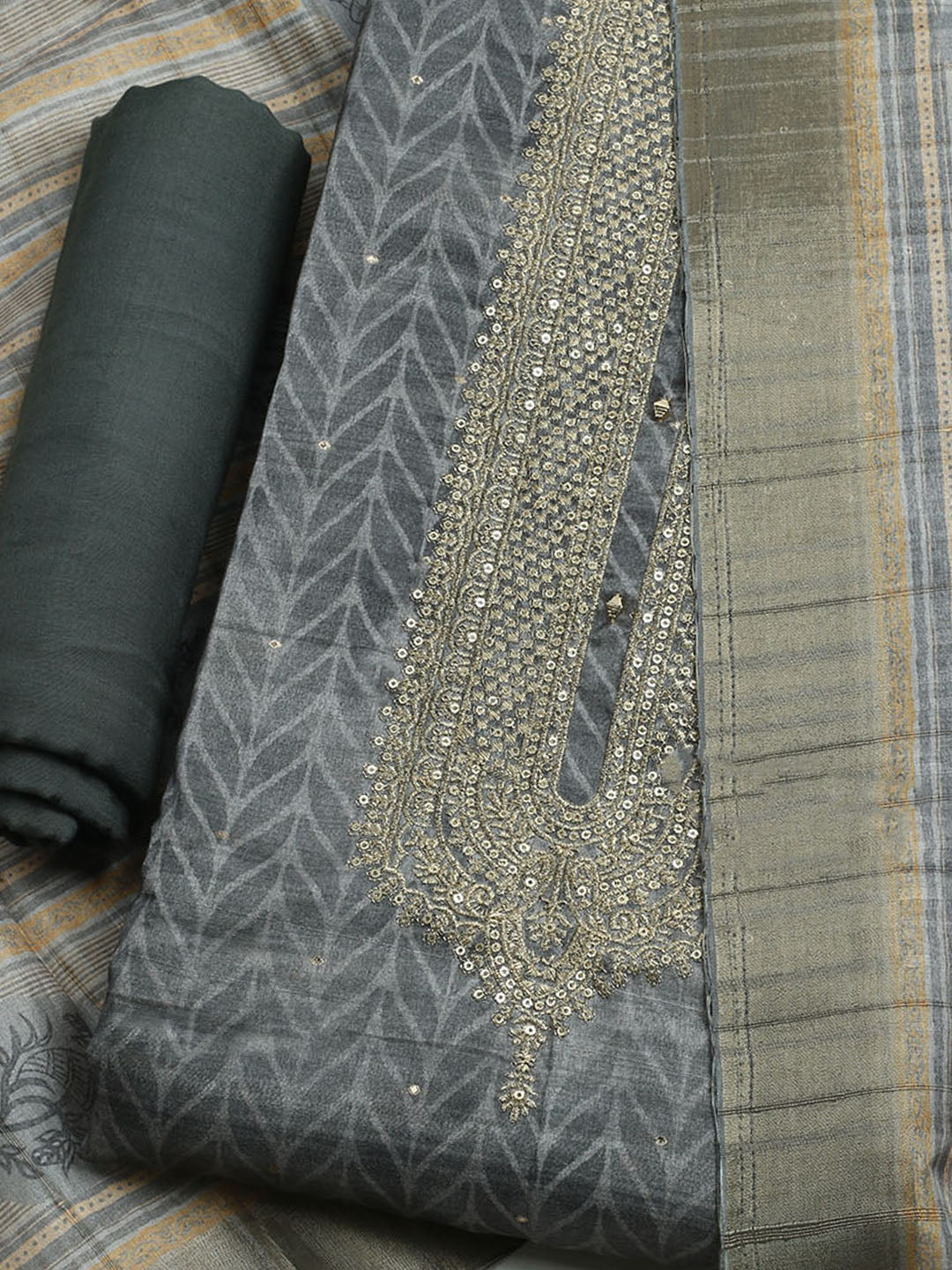 Embroidered Tussar Unstitched Kurta With Pant & Dupatta