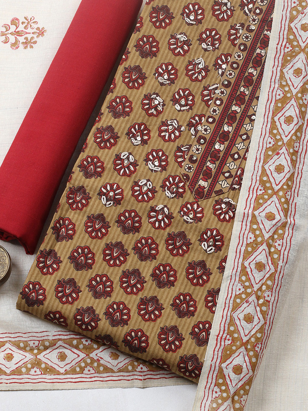Printed Cotton Blend Unstitched Suit With Pant &amp; Dupatta