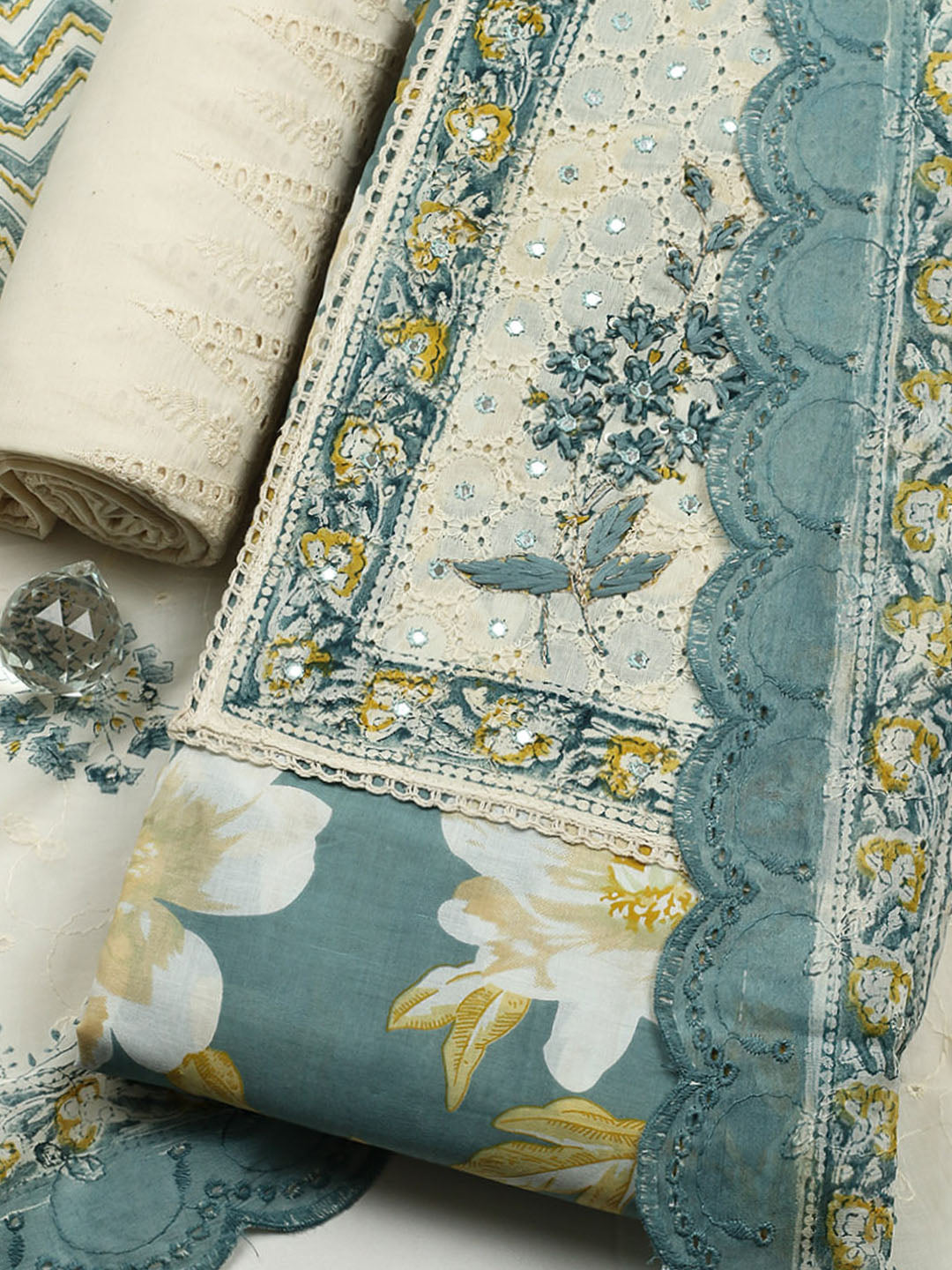 Printed Cotton Blend Unstitched Suit With Pant &amp; Dupatta