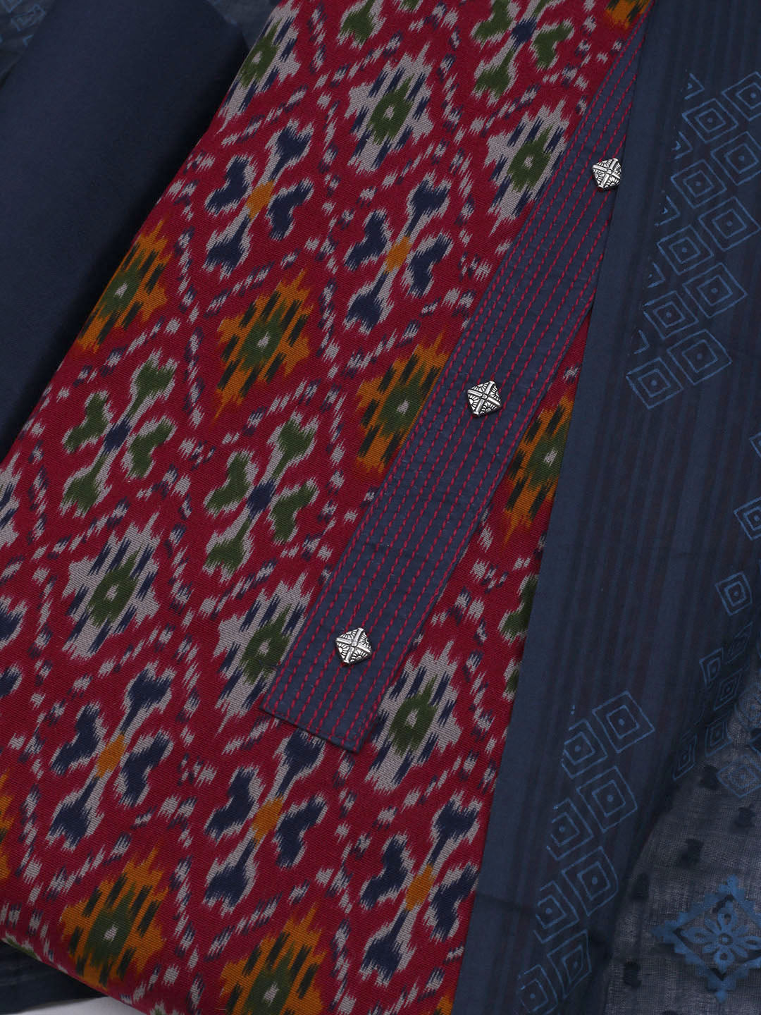 Patch Neck Cotton Blend Unstitched Suit With Dupatta