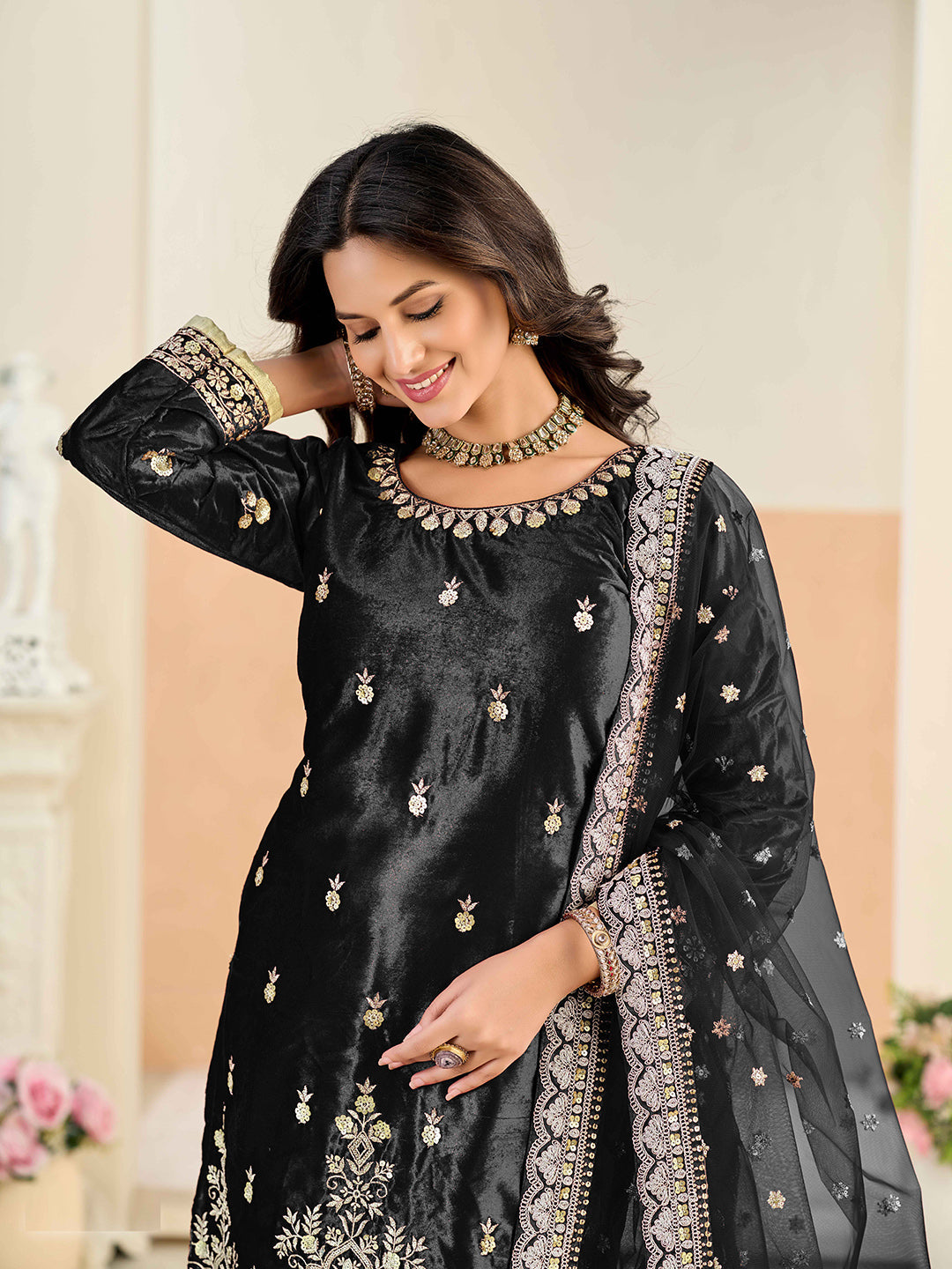 Embroidered Velvet Semi Stitched Kurta With Skirt &amp; Dupatta