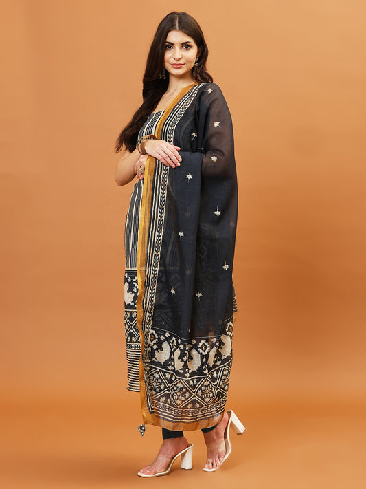 Kantha Printed Cotton Blend Unstitched Suit With Dupatta