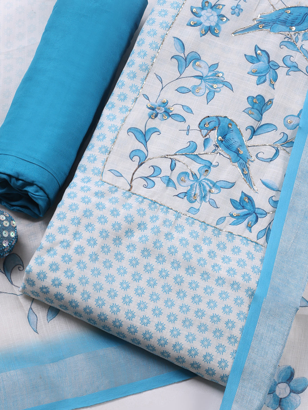 Printed Linen Blend Unstitched Suit With Pant &amp; Dupatta