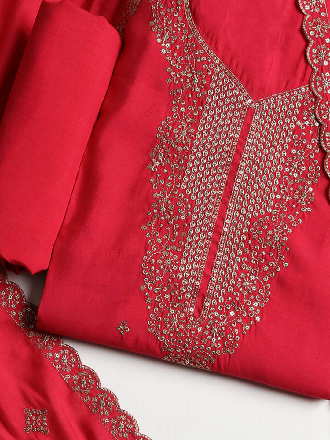 Neck Embroidered Chanderi Unstitched Suit With Dupatta