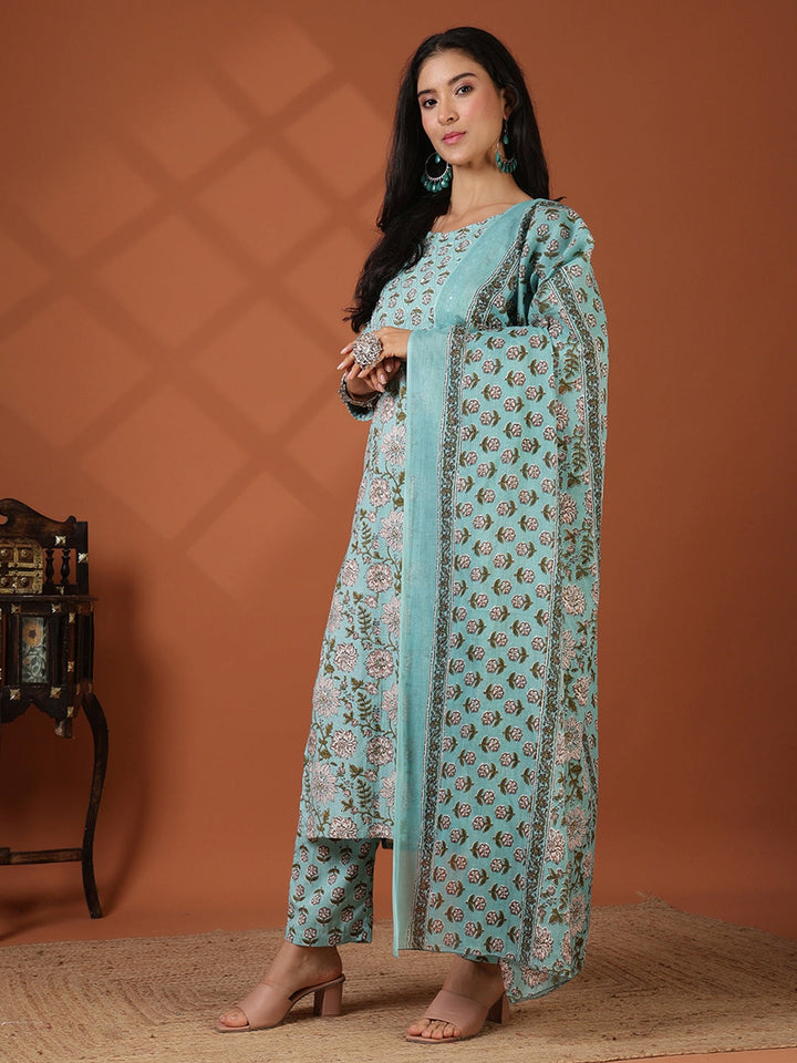 Printed Cotton Blend Kurta With Pant &amp; Dupatta