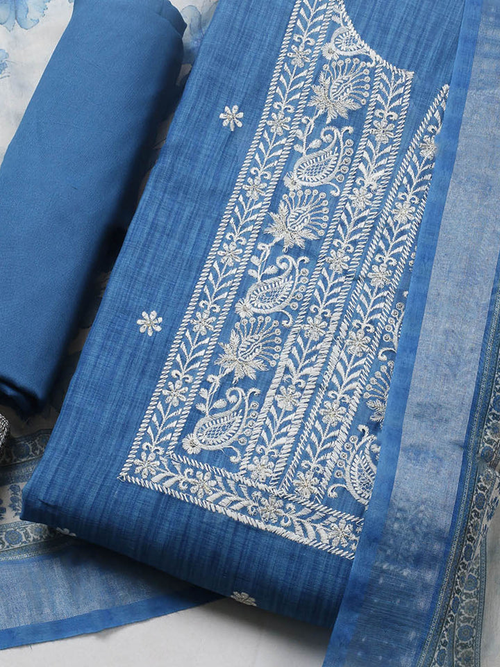 Embroidered Linen Blend Unstitched Suit With Pant &amp; Dupatta