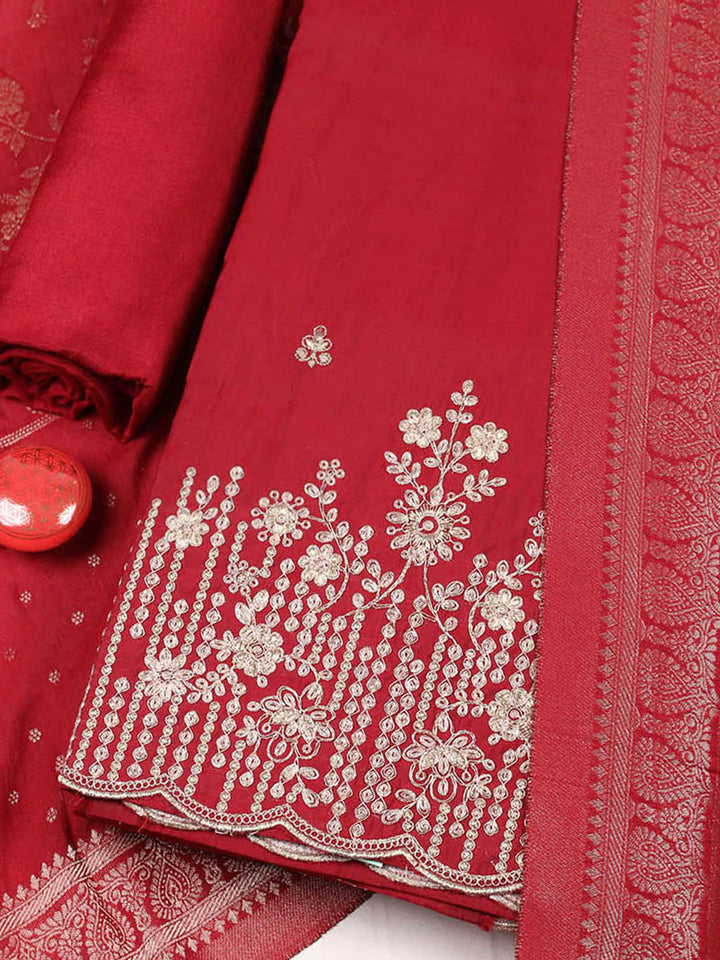 Embroidered Chanderi Unstitched Suit With Pant &amp; Dupatta
